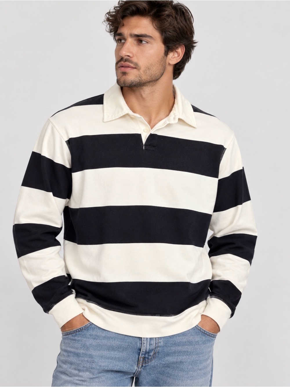 Zara Black & white Rugby-Style Long Sleeve Shirt